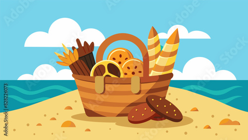 Keep hunger at bay while basking in the sun with a beach day snack basket that includes sweet and salty options like chocolatecovered pretzels and. Vector illustration
