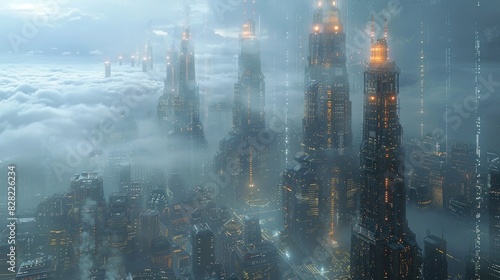 A futuristic city skyline with towering skyscrapers housing financial institutions, against a backdrop of digital data streams