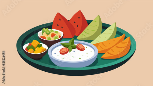 Move over charcuterie this mezze platter boasts smoky grilled vegetables crispy pita chips and creamy labneh for a refreshing twist on snacking.. Vector illustration