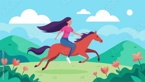 A woman battling depression feels a sense of freedom and joy as her horse gallops through the fields leaving her worries behind.. Vector illustration