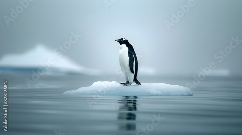 Penguin Standing Alone on Melting Ice Patch in Antarctic Ocean