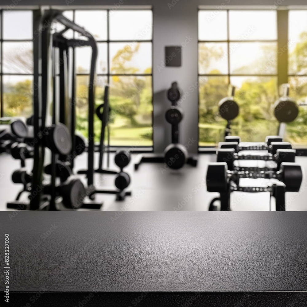 Fototapeta premium Sleek black desk with empty space, gym equipment blurred in the background, metal dumbbells, bright and active scene
