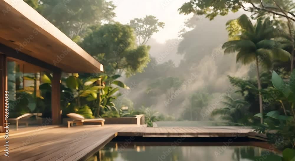 a very realistic swimming pool surrounded by lush tropical vegetation, a minimalist modern house located in the middle of dense forest foliage, with a misty atmosphere enveloping a very realistic swimming pool surrounded by lush tropical vegetation, a minimalist modern house located in the middle of dense forest foliage, with a misty atmosphere enveloping