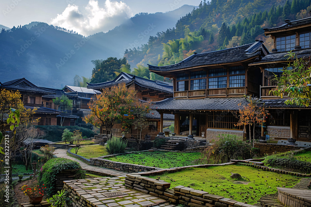 A serene mountain village practicing sustainable tourism with traditional architecture and locally-sourced food A serene mountain village practicing sustainable tourism with traditional architecture and locally-sourced food