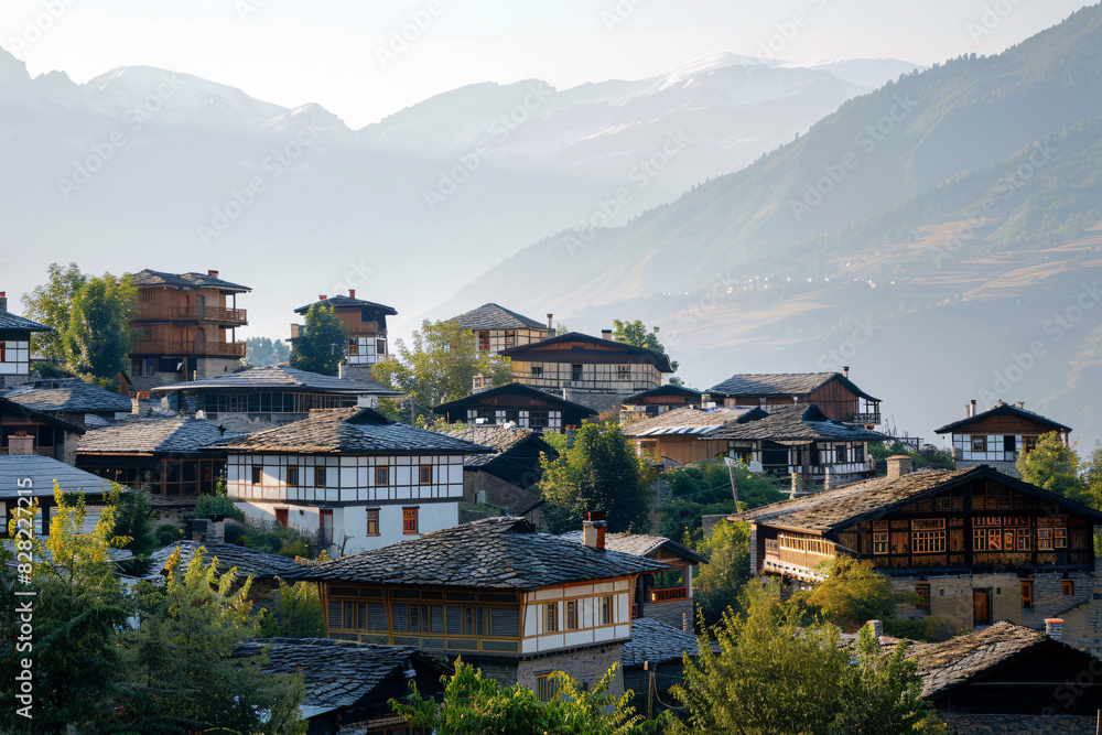 A serene mountain village practicing sustainable tourism with traditional architecture and locally-sourced food