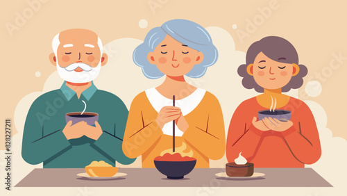 The scent of incense fills the air as seniors engage in a mindful eating practice savoring every bite and fully experiencing the flavors of their meal.. Vector illustration