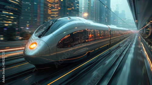 A high-speed futuristic train traveling through a futuristic urban landscape