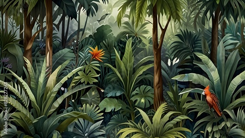 Painting of a jungle landscape. Watercolor pattern wallpaper Generative AI 