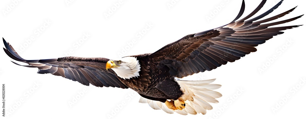 Fototapeta premium Bald eagle flying over an american flag with white background