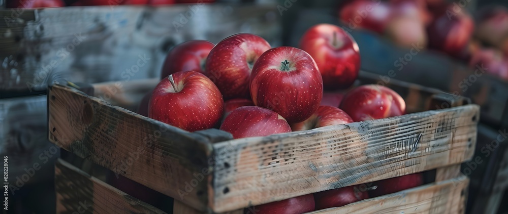Wooden basket filled with vibrant red apples is displayed on the market stall Wooden basket filled with vibrant red apples is displayed on the market stall