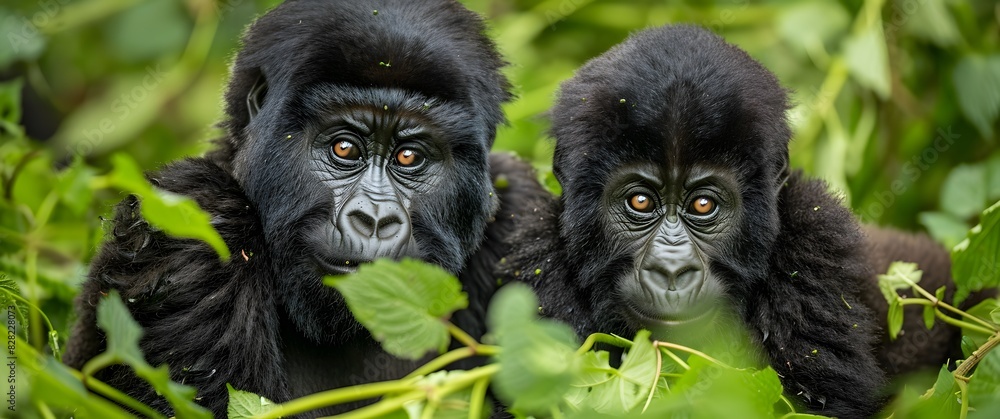Fototapeta premium Two mountain gorillas, one adult and the other baby