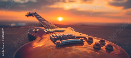 Close up of an electric guitar, with sky and sunset background photo