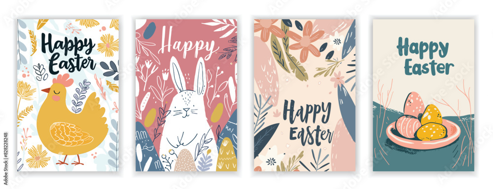 Easter Card Set with Hand-Drawn Cute Flyers and Postcards Featuring Easter Card Set with Hand-Drawn Cute Flyers and Postcards Featuring