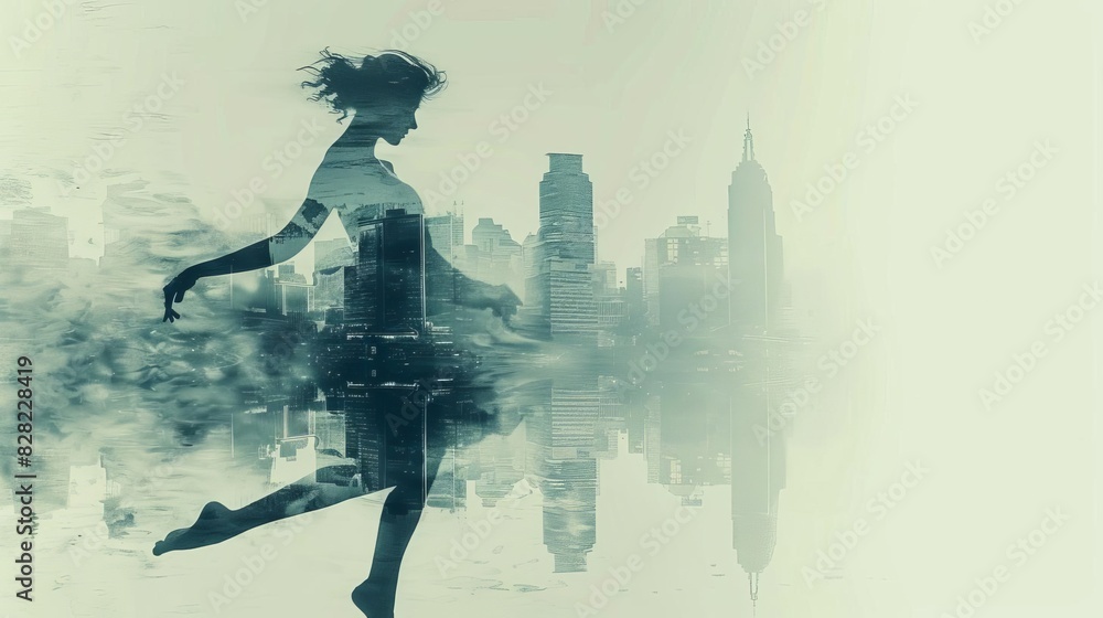 Naklejka premium Double exposure of a dancers silhouette merging with autumn trees, showcasing grace and the beauty of seasonal change