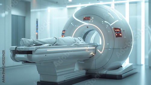 MRI scan machine, clean room, modern and futuristic robot, health technology, white background, high resolution