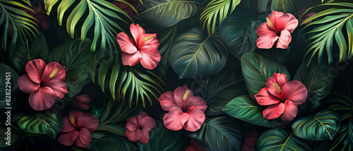 Tropical leaves and flowers in vibrant shades of green and pink