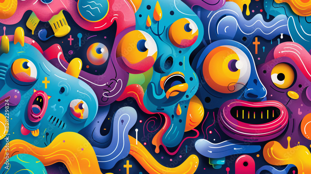 Abstract graphic design with funny characters and vibrant colors, perfect for posters Abstract graphic design with funny characters and vibrant colors, perfect for posters