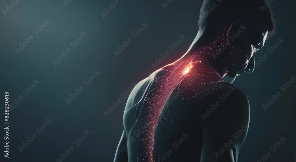 Visualization of spine health. Man having back pain with glowing spine image Visualization of spine health. Man having back pain with glowing spine image