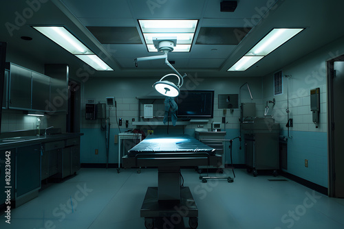 interior operating room, empty, dim lighting, eerie photo