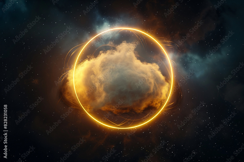 Obraz premium Swirling cloud in a dark night sky highlighted by an electric gold neon ring.