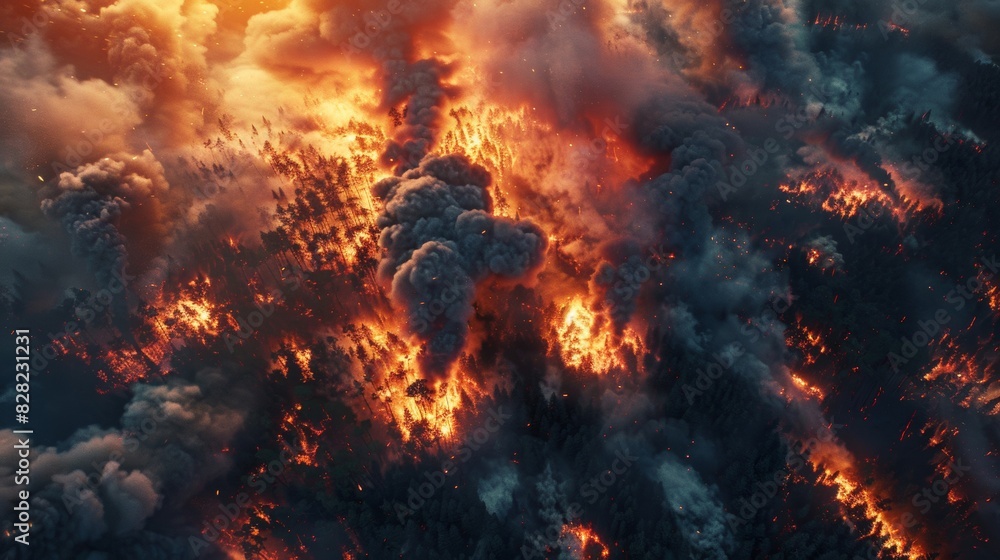 Destruction of huge forest fires which destroys the vast expanse of trees The forest fire showed raging flames and thick smoke rising high into the sky. Destruction of huge forest fires which destroys the vast expanse of trees The forest fire showed raging flames and thick smoke rising high into the sky.