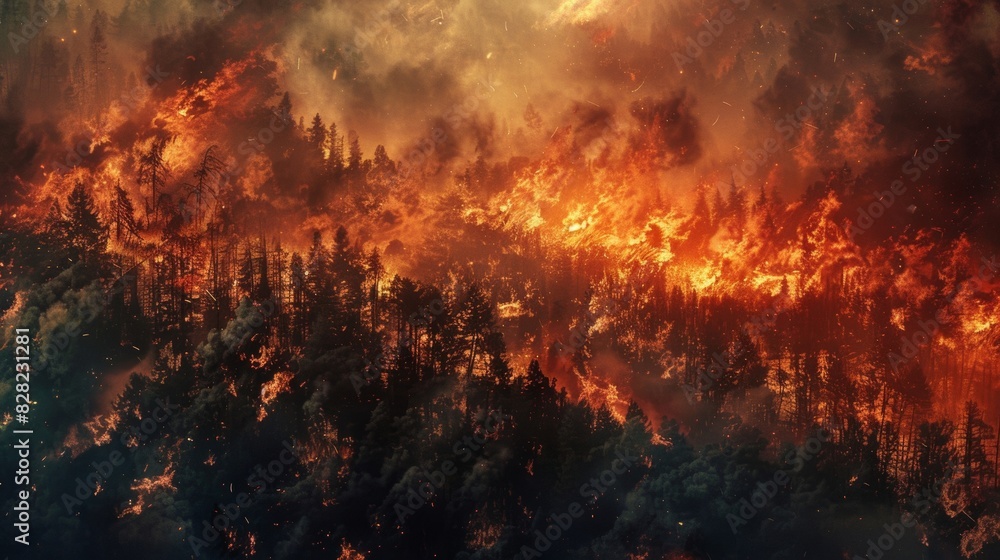 Destruction of huge forest fires which destroys the vast expanse of trees The forest fire showed raging flames and thick smoke rising high into the sky. Destruction of huge forest fires which destroys the vast expanse of trees The forest fire showed raging flames and thick smoke rising high into the sky.