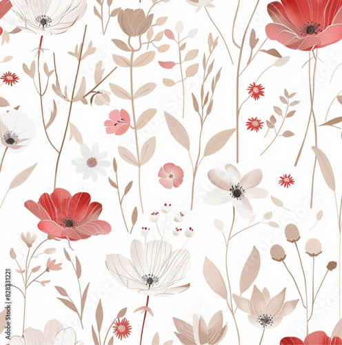 light pink and red and beige and white flowers with stems and leaves, beautifully combined with each other, a girlish pattern perfect for dresses and children's clothes. pure white background © Kholoud