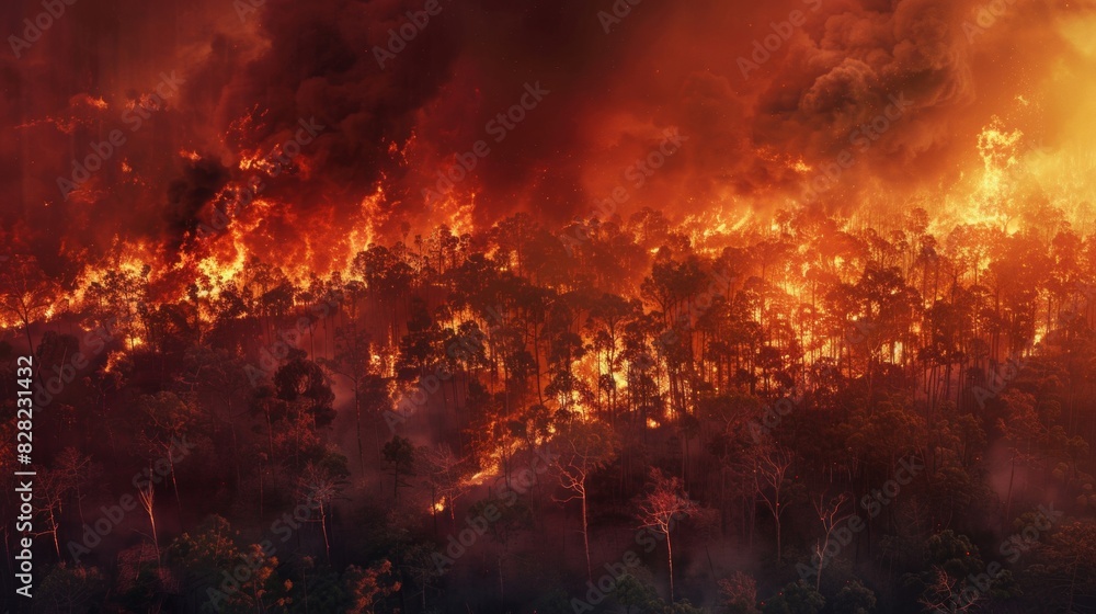 Destruction of huge forest fires which destroys the vast expanse of trees The forest fire showed raging flames and thick smoke rising high into the sky. Destruction of huge forest fires which destroys the vast expanse of trees The forest fire showed raging flames and thick smoke rising high into the sky.