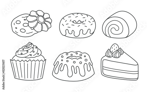 Sweet dessert, bakery. Flat vector graphic illustration, objects outline art coloring