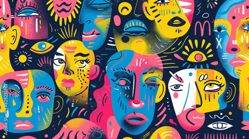 Bright and playful pattern of cartoon faces and abstract shapes, perfect for wallpaper