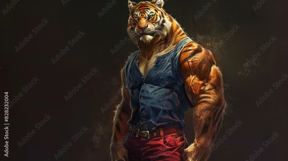 Anthropomorphic muscular tiger wearing red pants and a blue belt in a dark environment. Digital art concept. Strength and power concept for design and print. Anthropomorphic muscular tiger wearing red pants and a blue belt in a dark environment. Digital art concept. Strength and power concept for design and print.