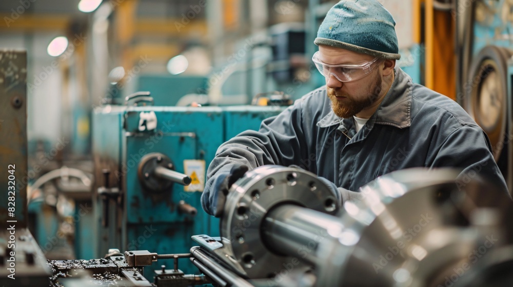 An industrial worker using a lathe machine in a factory An industrial worker using a lathe machine in a factory