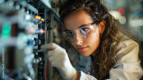 A female technician examining a piece of equipment in a laboratory