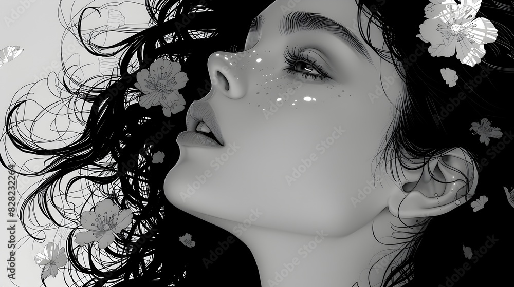 Fototapeta premium Captivating Black and White Portrait of a Mysterious and Alluring Woman Amidst Flowing Flowers and Dramatic Lighting