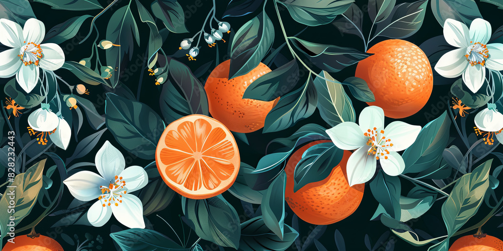 illustration of oranges and white flowers, generative AI illustration of oranges and white flowers, generative AI
