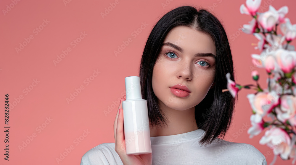 young beautiful girl with black hair and perfect smooth skin posing in front of the camera and holding a white cosmetic bottle mockup in pastel colored studio young beautiful girl with black hair and perfect smooth skin posing in front of the camera and holding a white cosmetic bottle mockup in pastel colored studio