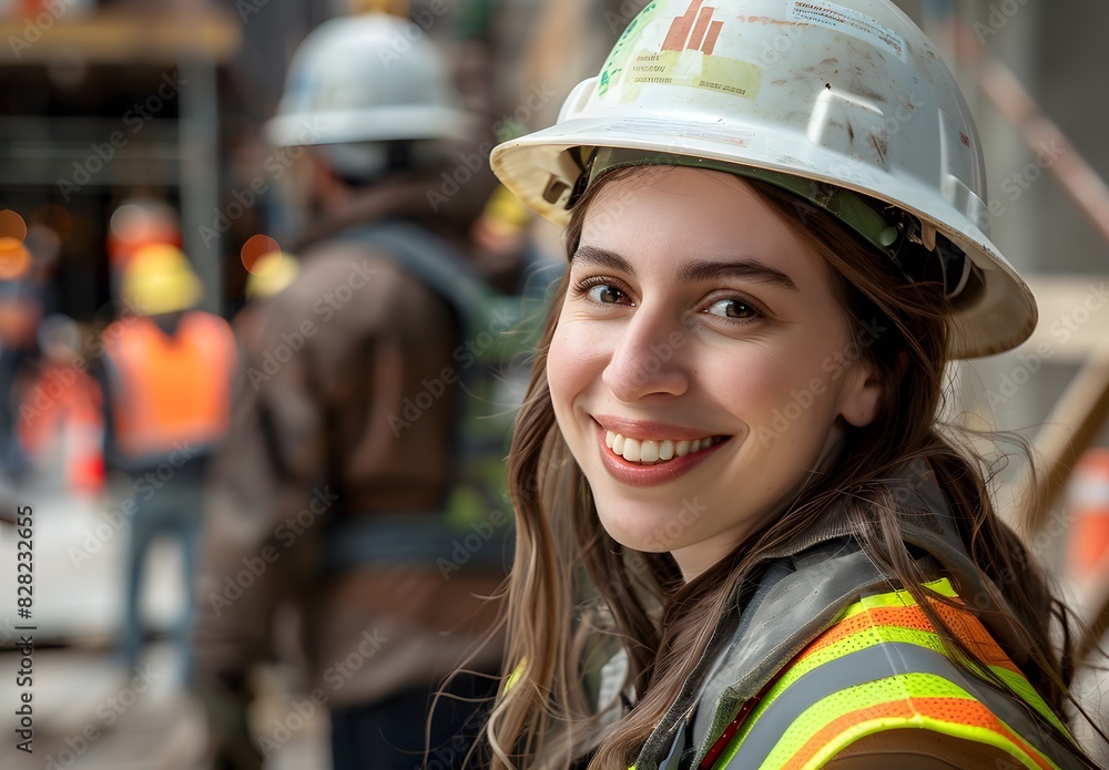 Beautiful smiling woman in helmet and safety vest on construction site, group of people working behind her in the style of professional Beautiful smiling woman in helmet and safety vest on construction site, group of people working behind her in the style of professional