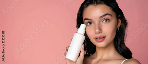 young beautiful girl with black hair and perfect smooth skin posing in front of the camera and holding a white cosmetic bottle mockup in pastel colored studio 