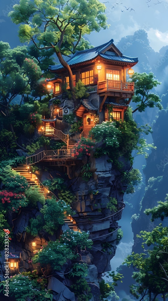 Fototapeta premium Enchanting Treehouse Perched Atop Lush Forested Cliffside with Glowing Illumination and Idyllic Atmosphere