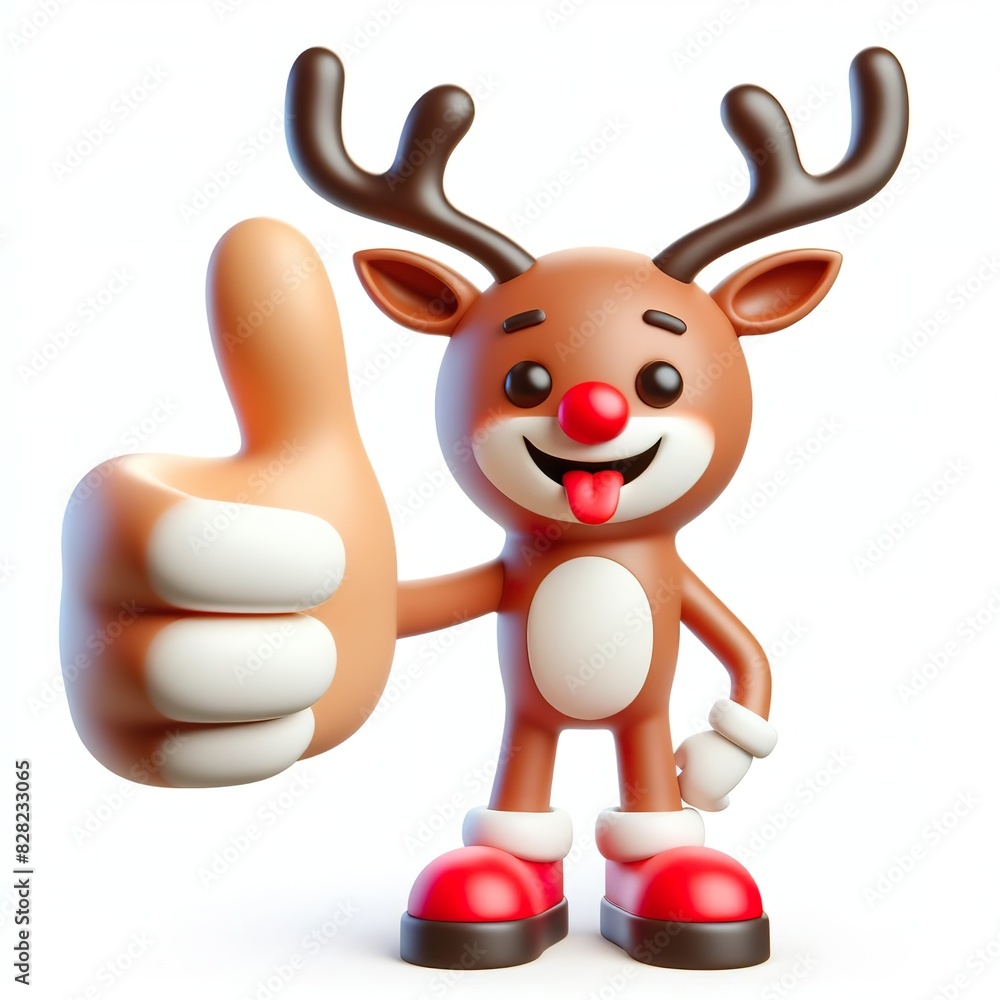 Obraz premium 3D Christmas reindeer emoji thumbs up on a white background