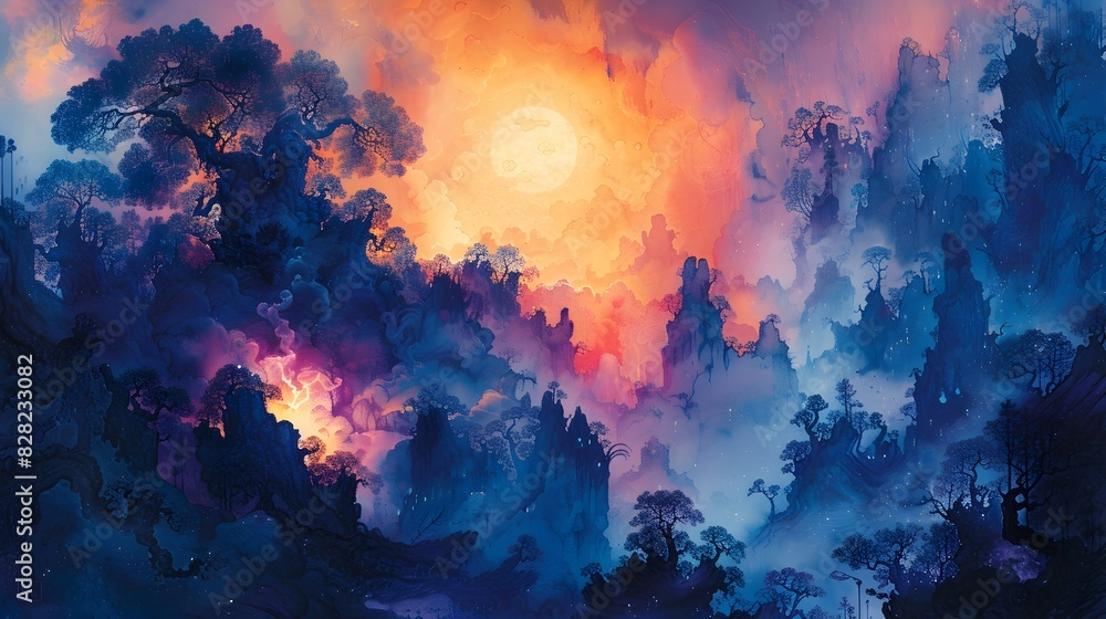 Enchanting Twilight Realm - Surreal Landscape of Glowing Forests and Ethereal Skies