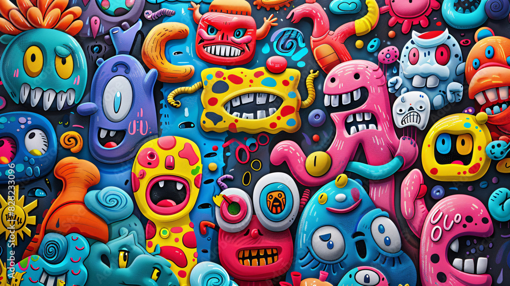 Colorful poster design with a collage of cartoon characters and creative elements Colorful poster design with a collage of cartoon characters and creative elements