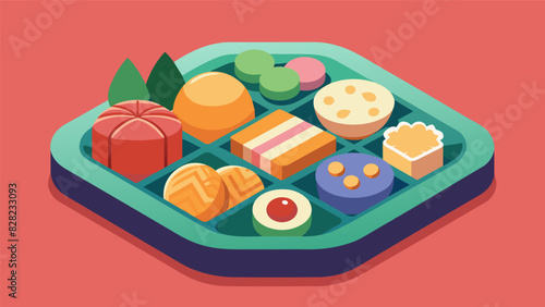 Make your snacks visually appealing by arranging them on a platter or in a bento box.. Vector illustration