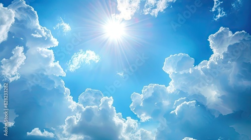 Sunny Sky with Fluffy White Clouds and Bright Sunlight in a Clear Blue Sky photo