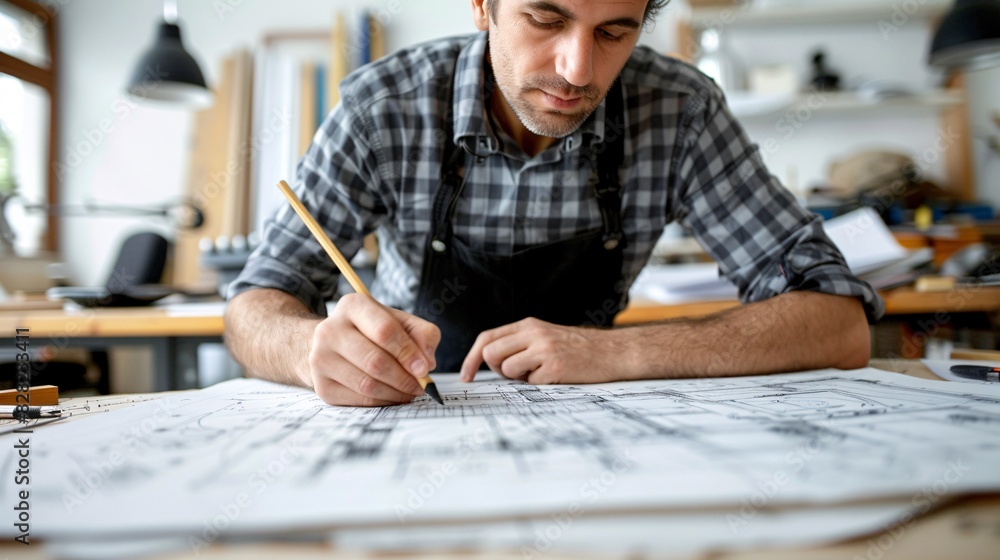 A male architect sketching building designs on a large drafting table A male architect sketching building designs on a large drafting table
