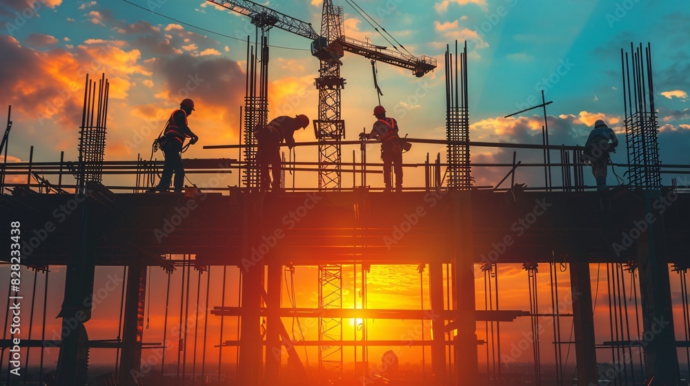 A group of construction workers building a steel structure, using cranes and welding equipment A group of construction workers building a steel structure, using cranes and welding equipment