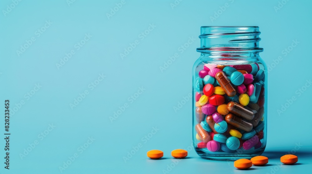 Colorful Pills and Capsules in Glass Jar on Blue Background - Pharmaceutical and Medical Concept Colorful Pills and Capsules in Glass Jar on Blue Background - Pharmaceutical and Medical Concept