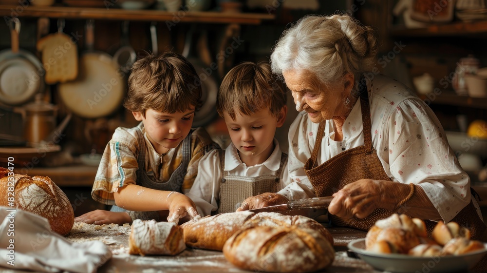 Grandmother Teaching Kids Bread Baking in Rustic Kitchen, Bonding Over Traditional Recipes Grandmother Teaching Kids Bread Baking in Rustic Kitchen, Bonding Over Traditional Recipes