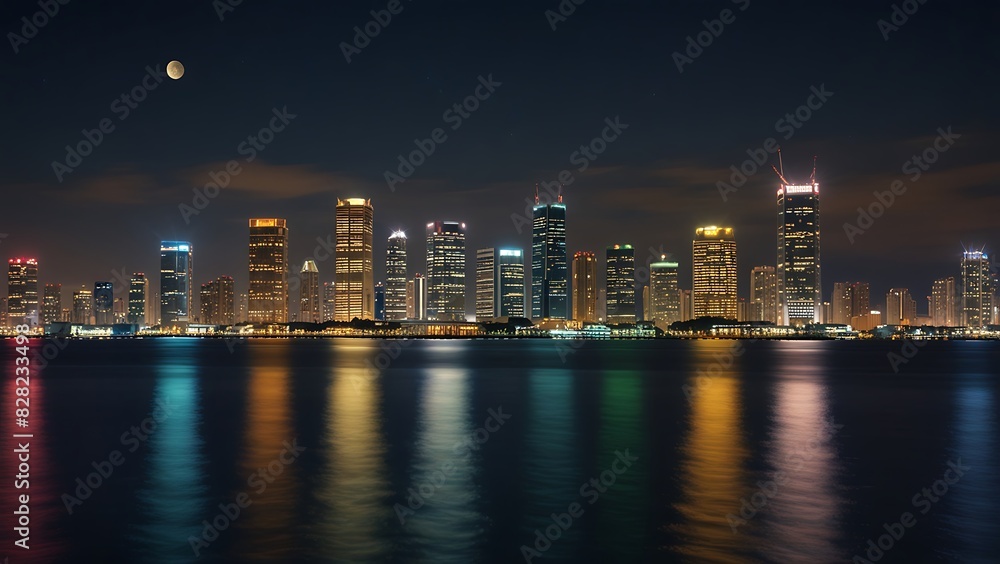 the view of the sparkling city at night seen from the sea in summer the view of the sparkling city at night seen from the sea in summer