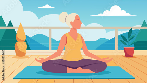 Wallpaper Mural An elderly woman practices yoga on her deck basking in the sun and using deep relaxation techniques to reduce pain and stiffness in her muscles and joints.. Vector illustration Torontodigital.ca